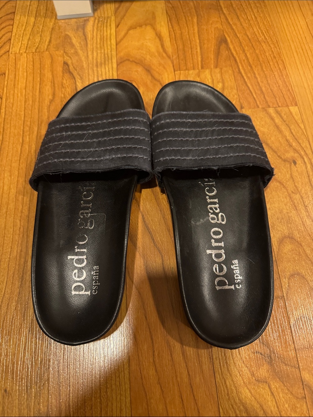Pedro Garcia Women’s Black/Blue satin/silk and leather Slide flat Sandals 36.5